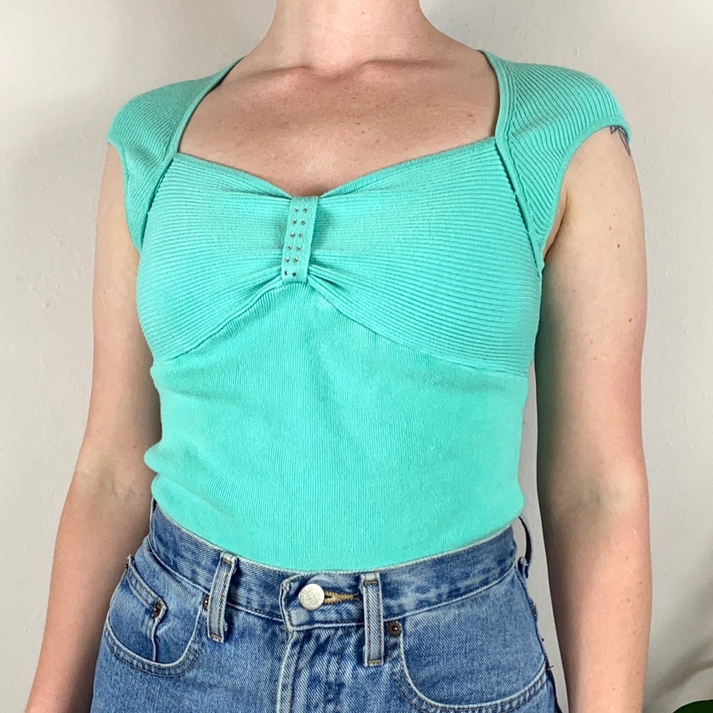Aqua Ribbed Cap Sleeve Top